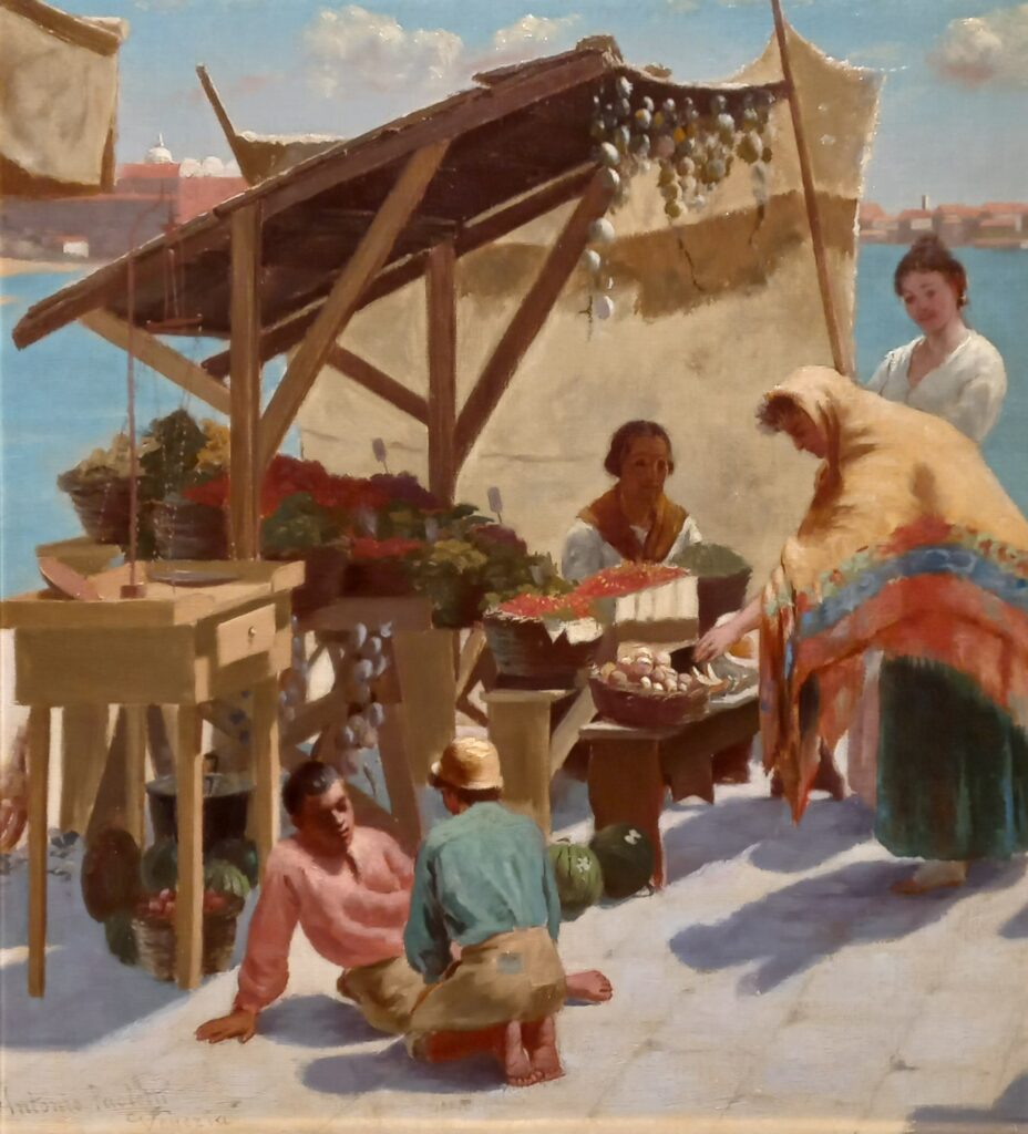 Kuvassa on öljyvärimaalaus joka kuvaa hedelmien myyjiä Venetsiassa laiturilla.